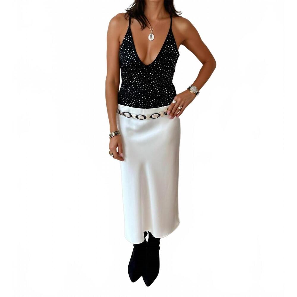NEW MALIBU ROAD luna satin midi skirt in white